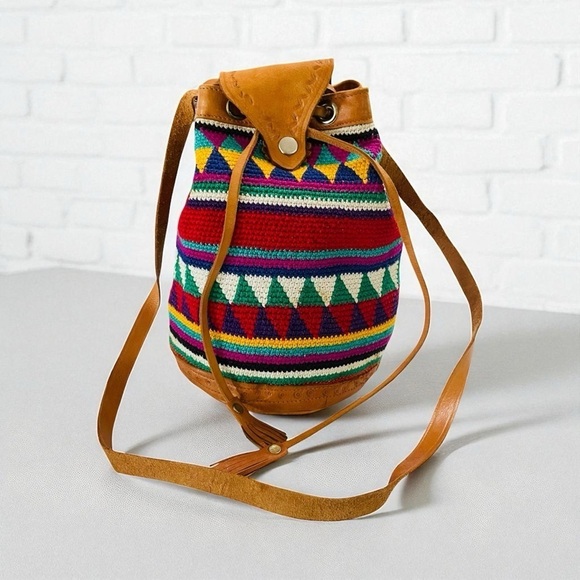 Handbags - Vintage Handmade Guatemala Boho Multi Color with Leather Trim Bucket Bag
